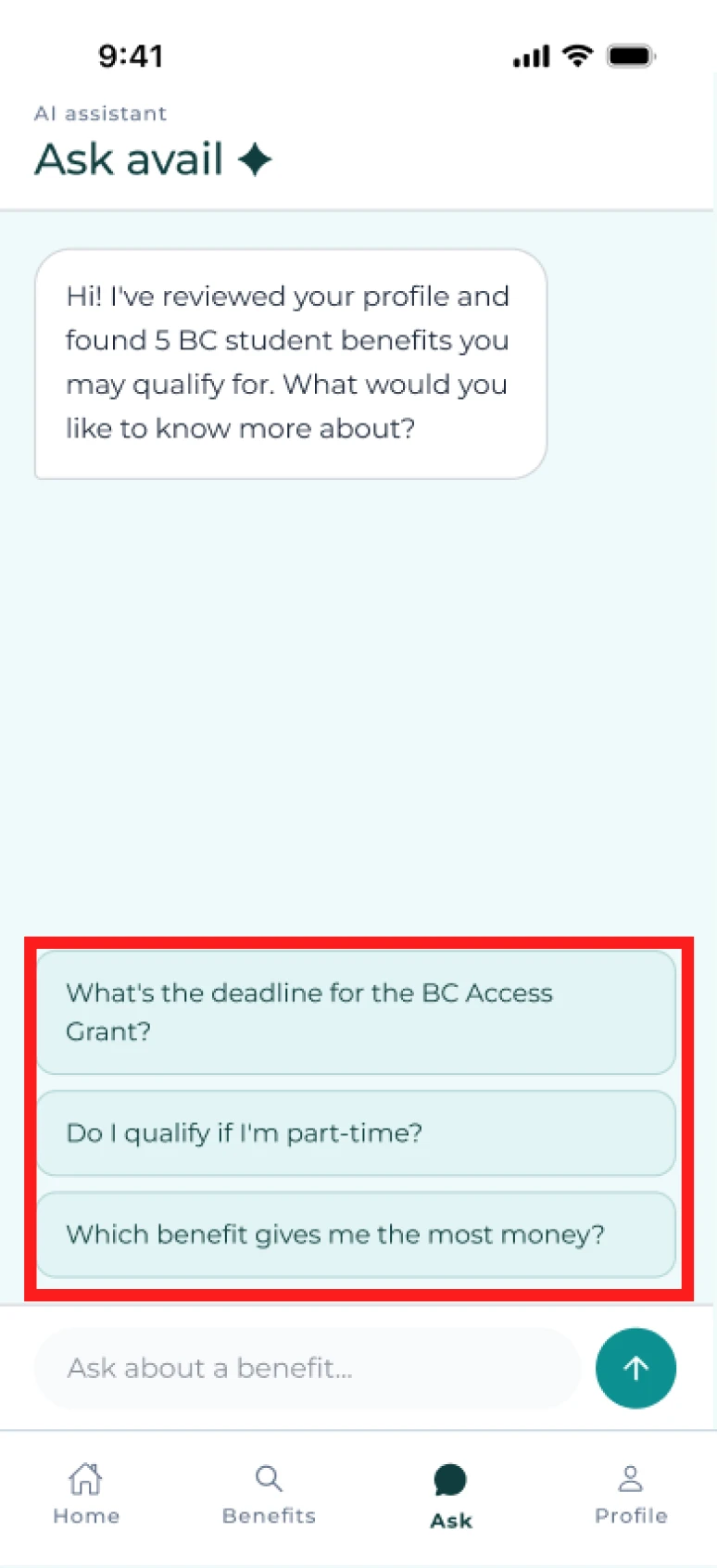 Ask Avail chat screen with the original guided prompts highlighted