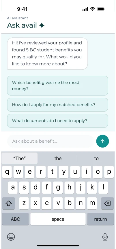 Ask Avail chat with the keyboard open, typing a question