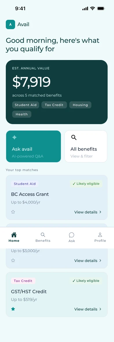 Home screen with estimated annual value and top matches