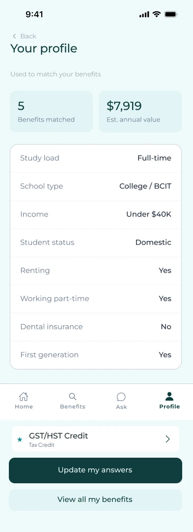 Profile screen with answers used to match benefits