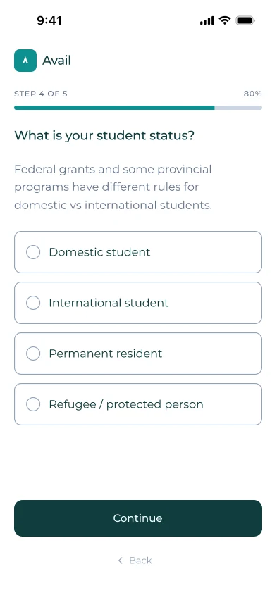 Quiz step 4: student status